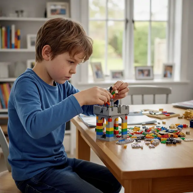 School-age boy concentrating on building a LEGO castle at a table