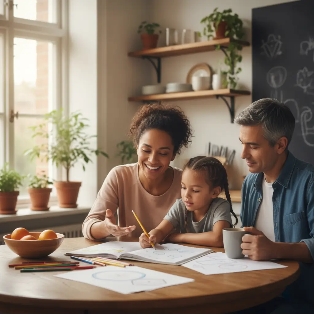 Smiling parents helping their young daughter with a workbook at a sunny kitchen table