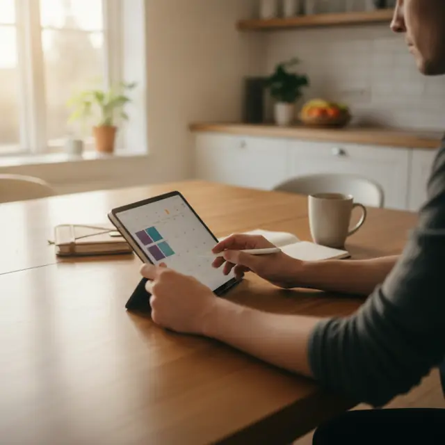 Parent planning the week on a tablet at a kitchen table
